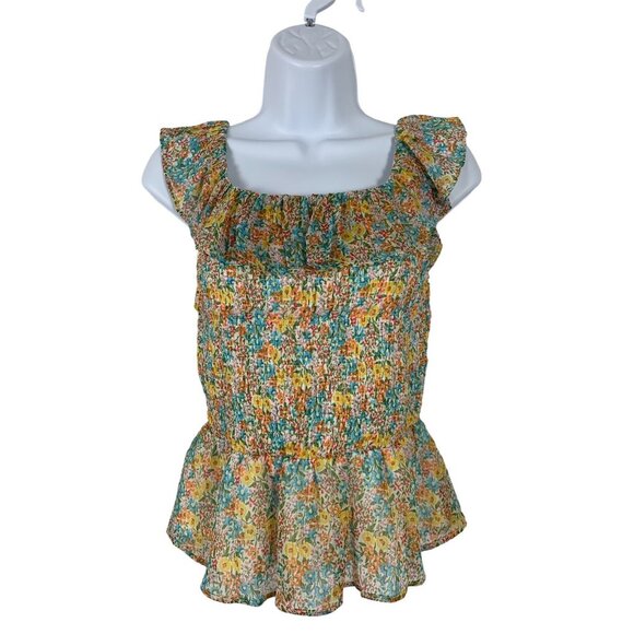 Lauren Conrad Floral Pleated Smocked Ruffle Sleeveless Top Peplum Blouse Small - Picture 1 of 9